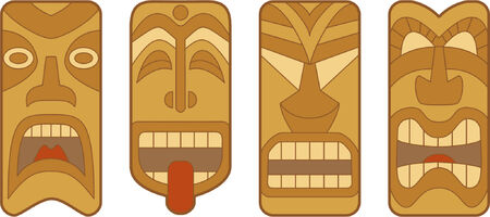 Four funny Hawaiian Tiki masks on white backgroundのイラスト素材
