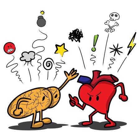 Cartoon brain and heart arguing and saying swear symbols at each other のイラスト素材