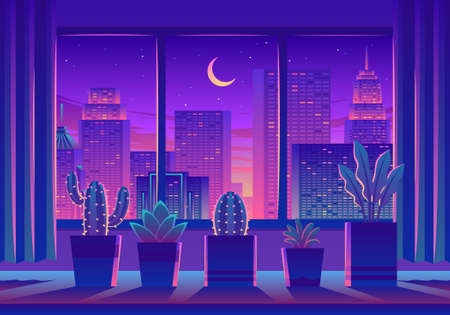 Cozy Room With City Landscape From Window Illustrationのイラスト素材