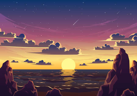 Sunset Beach Landscape Illustrationのイラスト素材