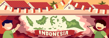 Two Kids Are Painting A Mural To Celebrate Indonesia Independence Day Illustrationのイラスト素材
