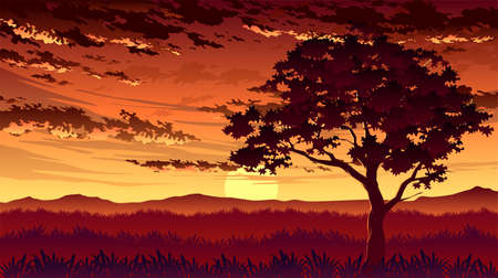 Dramatic Sunset Wildlife Landscape Illustrationのイラスト素材