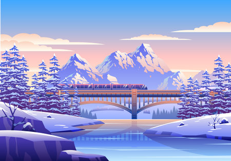 Snowy Winter Landscape Illustration With Train, Bridge, Pine Trees, And Mountainsのイラスト素材