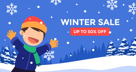 Winter Sale Banner Template With Smiling Kid Illustrationのイラスト素材