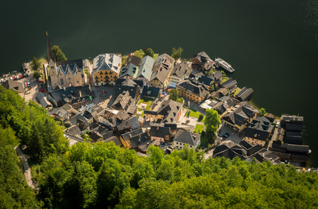 Hallstatt (Salzkammergut, Austria) aerial view with forest and lakeの写真素材