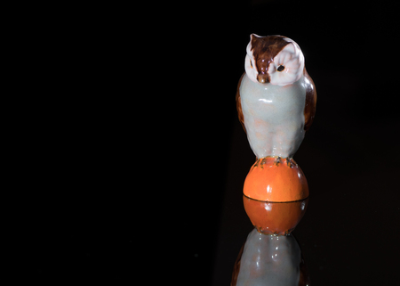 Closeup of a small porcelain owl standing on a black reflective surfaceの写真素材