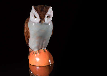Closeup of a small porcelain owl standing on a black reflective surfaceの写真素材