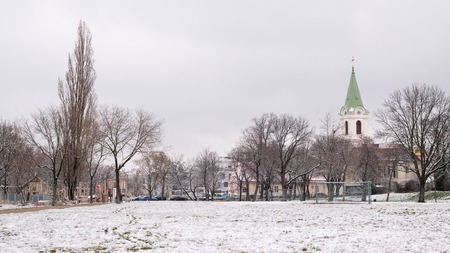 Jedlesee Aupark and church on a cold winter morning, Vienna Austriaの写真素材