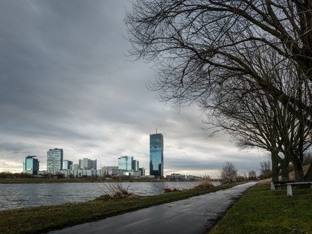 Skyline of the high buildings near the Danube in Vienna, Austria on a cloudy morning in winter