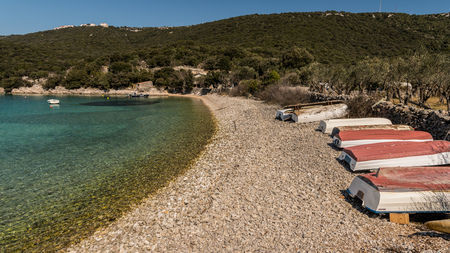 Cove near Ustrine (Island Cres, Croatia) with boats on a sunny day in springのeditorial素材