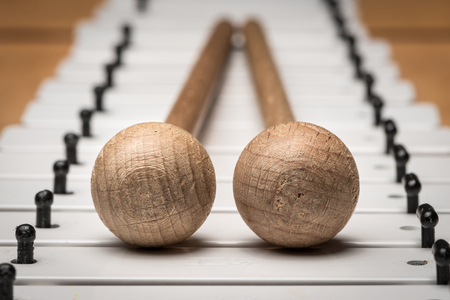 Details of a Glockenspiel with black and white keys and wooden malletsの写真素材