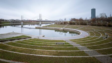 Arena in Kaisermuehlenbucht near Danube river in Vienna (Austria) on a cloudy day in autumn