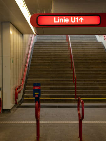 Vienna, Austria - 04/29/2019: Entrance of an underground station of line U1 in Vienna Austria
