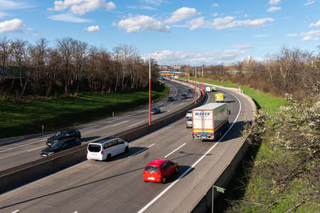 Vienna, Austria - March 12, 2020: Traffic on the A23 motorway in Vienna (Austria) on a sunny day in...