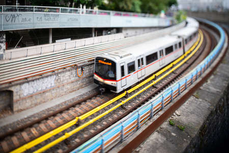 Vienna, Austria - June 18, 2020: Underground train near the river Wienfluss on a cloudy day in summer. This is the oldest underground line (U4) in Viennaのeditorial素材
