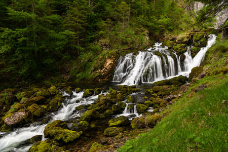 Waterfall near Karst spring of river Piessling in Upper Austria one of the richest springs in Austria, cloudy day in summerの写真素材
