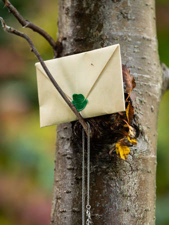 Closed brown paper envelope with a green seal put on a tree