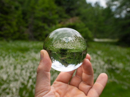 Hand holding glass sphere in front of meadow with cotton grass, cloudy day in summer, alps in East...
