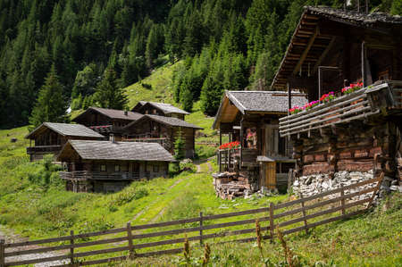 Old small wooden houses in the alps, sunny day in summer, East Tyrol (Austria)のeditorial素材