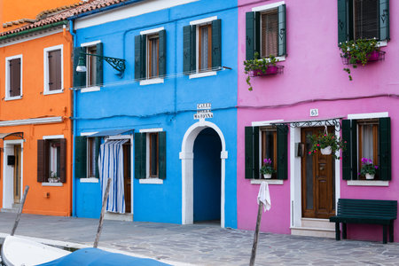 Burano, Italy - October 25, 2021: Colorful houses in Burano on a sunny morning in late autumnのeditorial素材