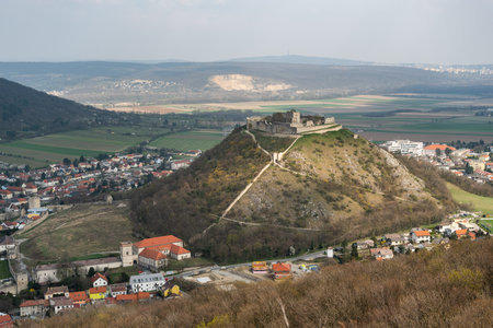 Aerial view of Hainburg (Austria) on a sunny day in autumn, castle on a hillのeditorial素材