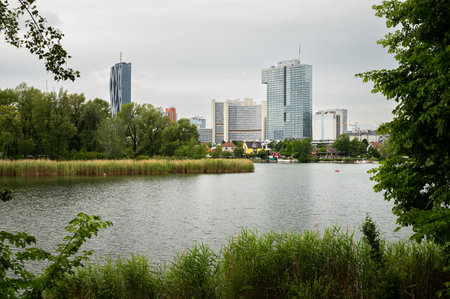 Vienna, Austria - June 5, 2020: Skyline of the high buildings in 22nd district of Vienna, Austria as...
