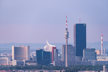 Vienna, Austria - May 21, 2021: Panoramic view over Vienna (Austria), sunny day in springtime, United Nations building, Donauturmのeditorial素材