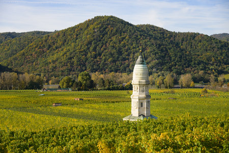 The French monument near Duernstein in Wachau (Austria) in autumn, erected on the battlefield of the battle of Loiben against Napoleon in 1805の写真素材