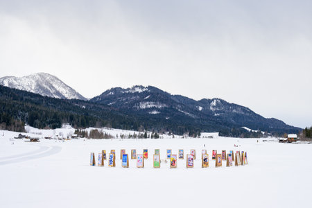 Weissensee, Austria - February 8, 2022: Lake Weissensee (Austria) on a cold cloudy day in winterのeditorial素材