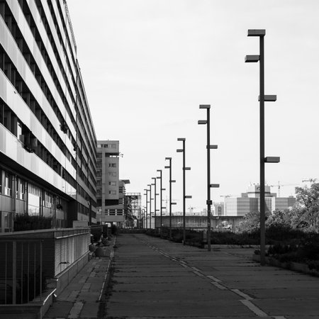 Vienna, Austria - September 8, 2022: Road in front of Mischek tower, sunny day in summer, black and whiteのeditorial素材