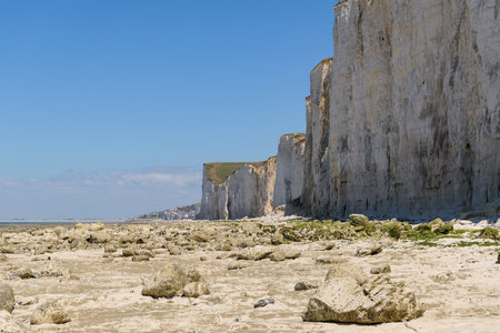 Coast and high cliffs near Ault on a sunny day in summer, blue sky, northern Franceの写真素材