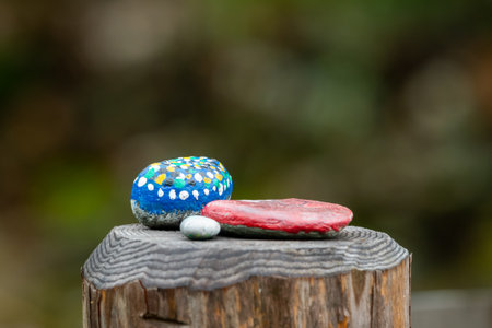 Painted little stones lying on a tree trunk, daylight, spring, backgroundの写真素材