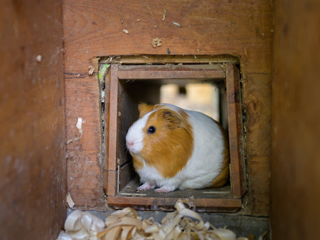 A beautiful white brown guinea pig in a coopの写真素材
