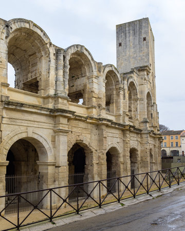 Arles, France - March 7, 2023: The roman Arena of Arles (Provence, France) on a rainy day in springtimeのeditorial素材