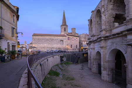 Arles, France - March 13, 2023: The roman Arena of Arles early in the morning, sunriseのeditorial素材