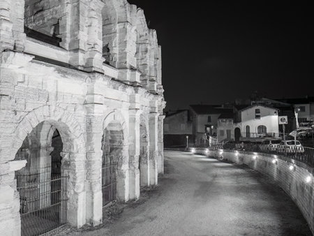 Arles, France - February 28, 2023: The roman Arena of Arles (Provence, France) in the night, black and whiteのeditorial素材