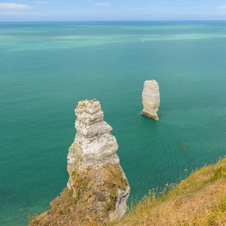 The rock Aiguille de Belval in northern France, sunny day in summerの写真素材