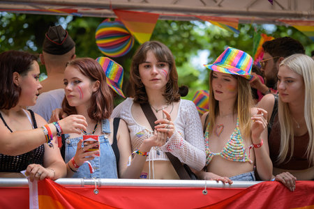 Vienna, Austria - June 17, 2023: People at Vienna Pride in summer on Wiener Ringstrasse, women on a truckのeditorial素材