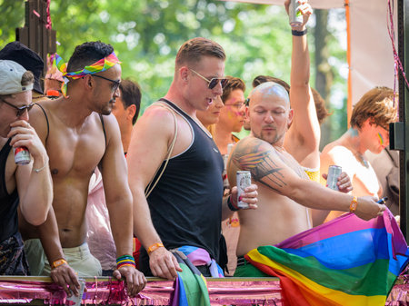 Vienna, Austria - June 17, 2023: People at Vienna Pride in summer on Wiener Ringstrasse, men...
