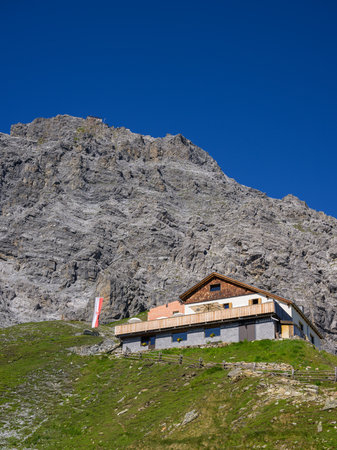 Sulden, Italy - July 09, 2023: Tabarettahuette in the Ortler Alps near Sulden (South Tyrol, Italy) on a sunny day in summerのeditorial素材