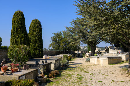 Les Baux-de-Provence, France - March 4, 2023: Cemetery of Les Baux de Provence on a sunny day in...