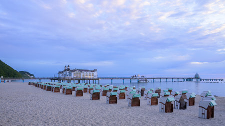 Sellin, German - July 8 , 2024: The pier of Sellin durinh sunrise in summer, cloudy skyのeditorial素材