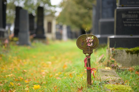 Vienna, Austria - October 25, 2025: Jewish graves at Central Cemetery with autumn foliage on cloudy dayのeditorial素材