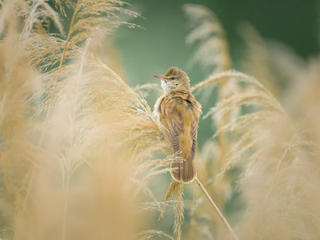 A great reed warbler sits among reeds in the wetland habitatの写真素材