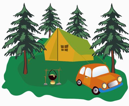 Tent costing on glade in wood car and campfireの写真素材