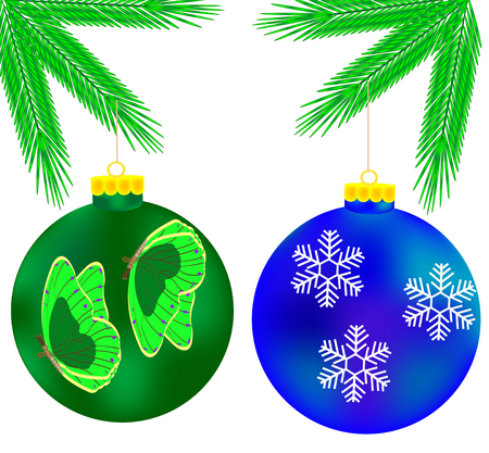 Two festive toys on fur branchのイラスト素材