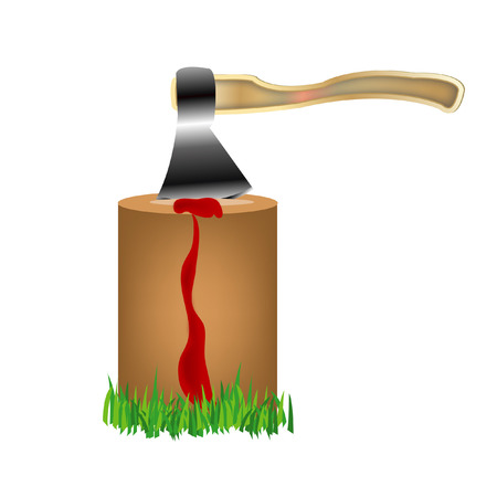 Axe protruding from wooden is watered and flowing down bloodのイラスト素材