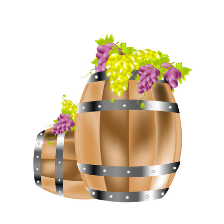 Wooden barrel and grape of the miscellaneous sort on herのイラスト素材