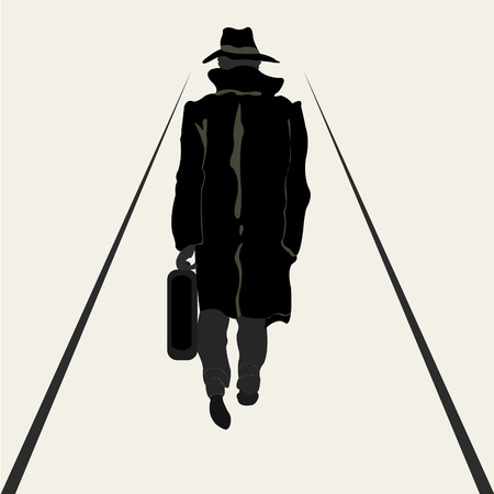 Black silhouette going men in raincoat with valise in handのイラスト素材