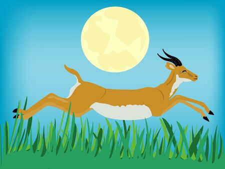 The Runninging antelope and green herb.Moon on skyのイラスト素材